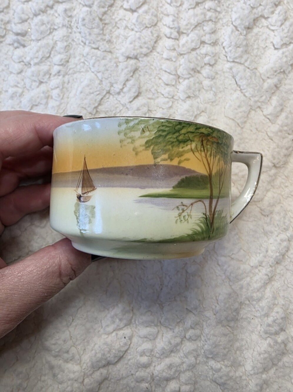 Vintage Hand Painted Nippon Japan Scenic Mug Cup Sailboat Lake Landscape
